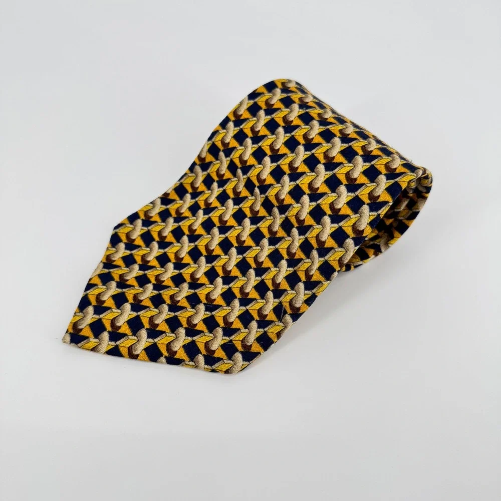 Ermenegildo Zegna Silk Tie – Gold & Blue Geometric Pattern, Made‎ in Italy